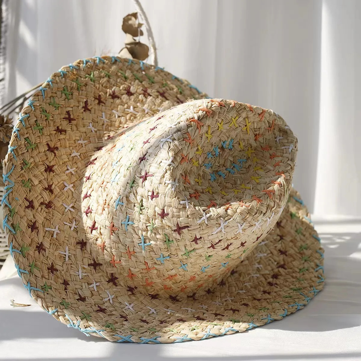 Raffia straw hat for women Bohemian colorful stitched straw hat ladies vacation sun hat beach summer vacation jazz hat panama 250516