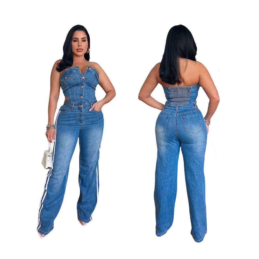 Wide Leg Jumpsuit Women S Strapless One Shoulder Slim Fit Straight Wide Leg Denim Jumpsuit
