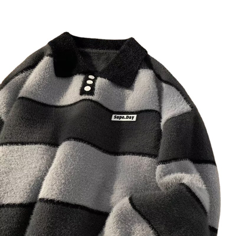 Men's Full Y2K Knit Knitwear Striped Sweater Polo Shirts Jumper Streetwear Korean Winter Clothes Pullovers For Men Apparel 240111