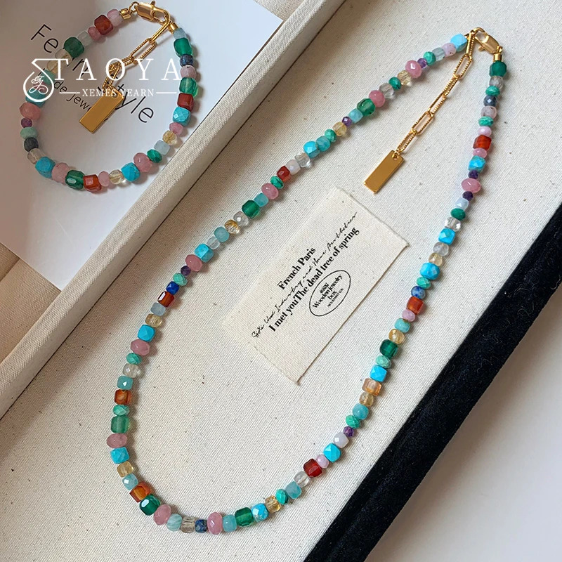 Colorful Natural Stone Beaded Necklace Womens Sweet and Fashionable Jewelry Set Elegant Accessories Neckchain for Girls 250516