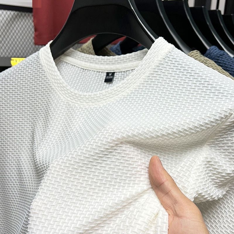 Ice silk t-shirt men's short sleeved 2025 summer new bamboo jacquard top cool, breathable, elastic base shirt versatile