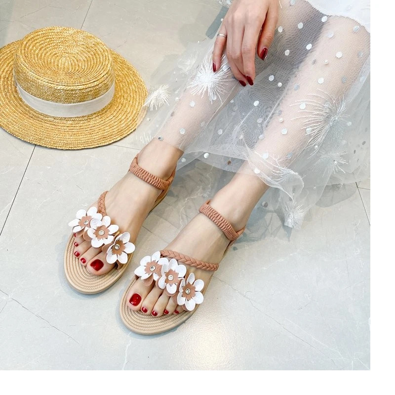 Summer Shoes Fashion Woman Sandals Flowers Mixed Colors Ankle Strap Flat Casual Beach Sandals Open Toe Women Shoes 250515