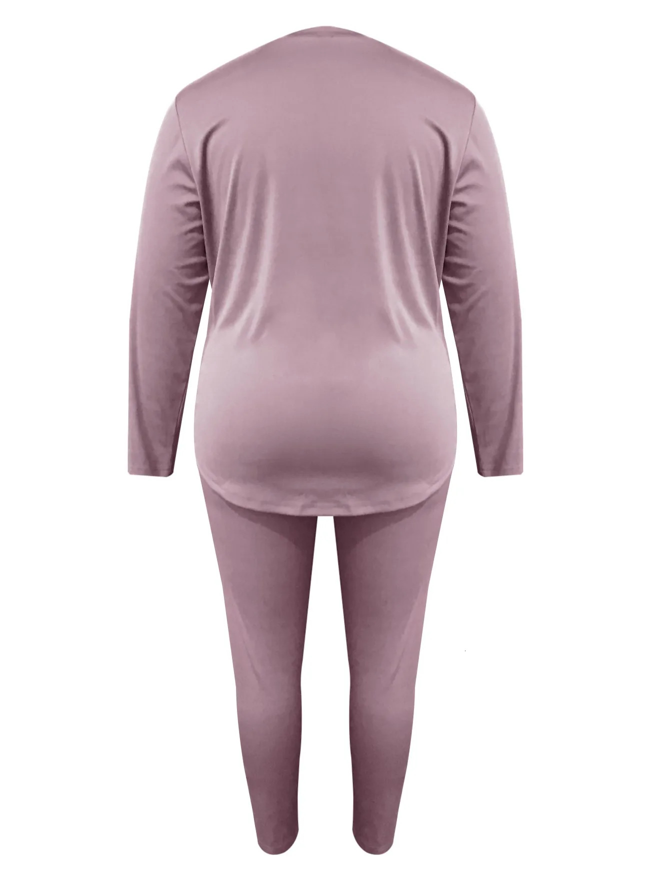 4XL 5XL LW Women Autumn Winter Plus Size Casual Twist Front Regular Fit Round Neck Long Sleeve Light Purple Two Pieces Pants Set 250513Z