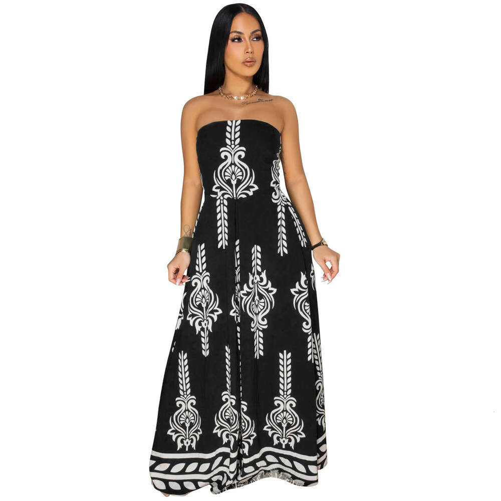 Wide Leg Jumpsuit Women S Clothing Positioning Printed Waist Cinched Skirt Pants Chest Wrapped Jumpsuit New