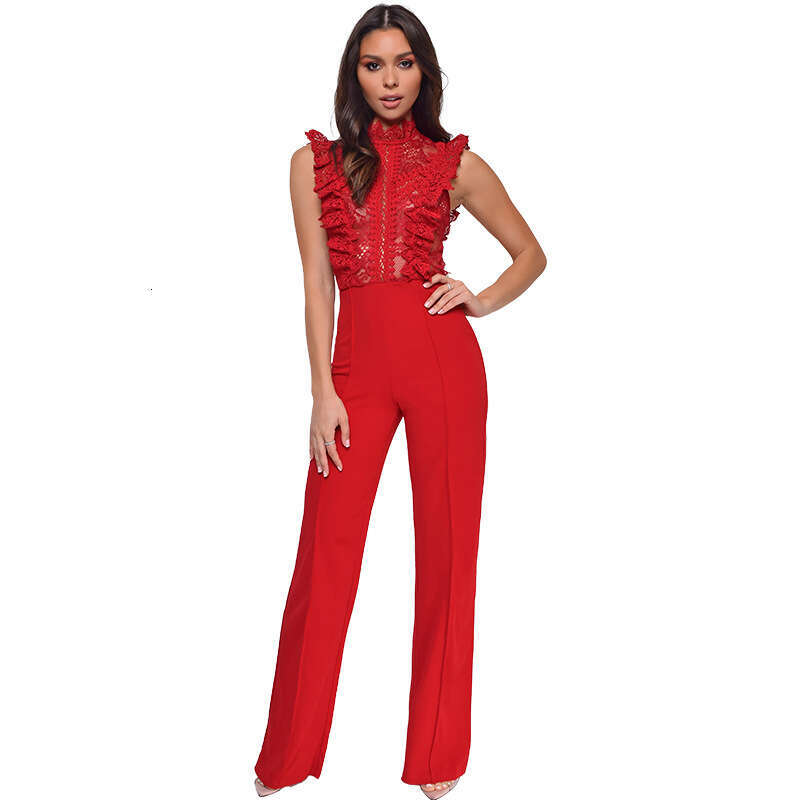 Wide Leg Jumpsuit Women S High Neck Fashionable Straight Leg Women S With Lace And Crochet Hooks Sleeveless Jumpsuit