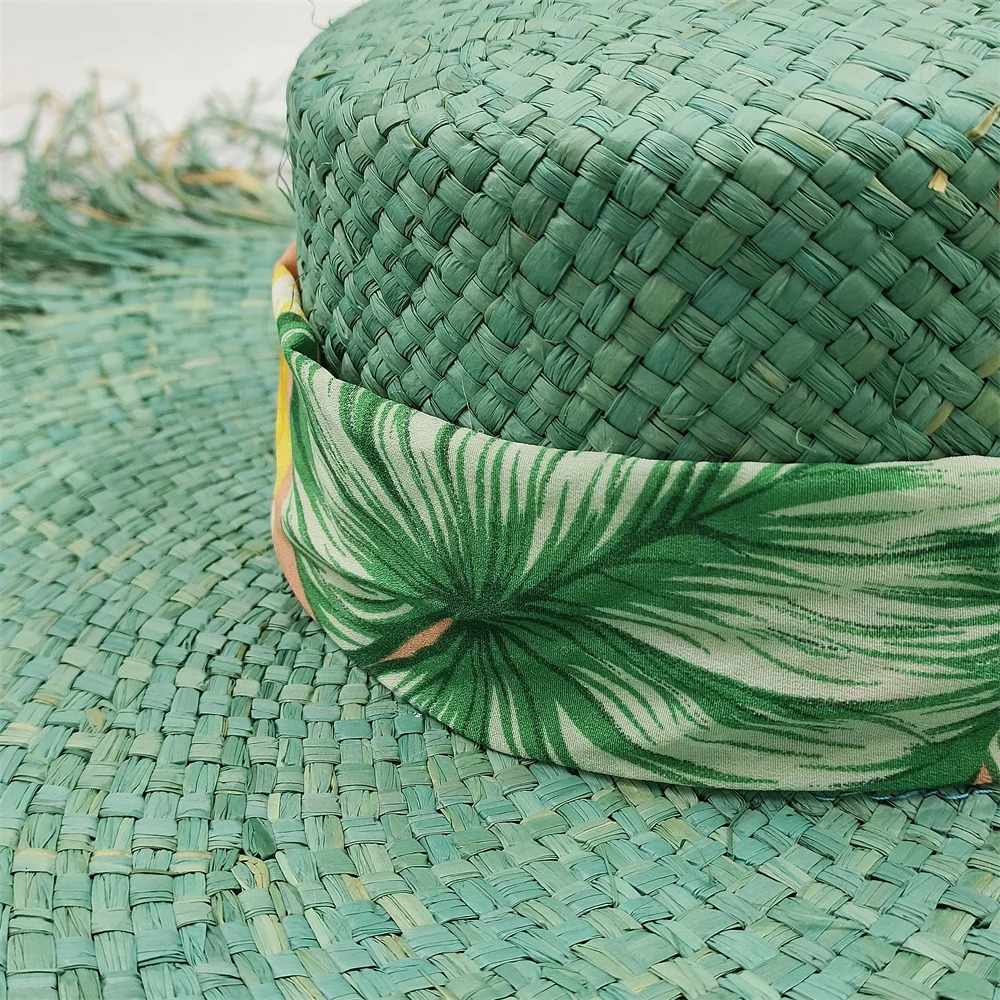 Fresh green wide brim hat hand-woven tassel straw hat ladies fashion sun hat natural raffia paper straw sun hat beach summer hat 250516
