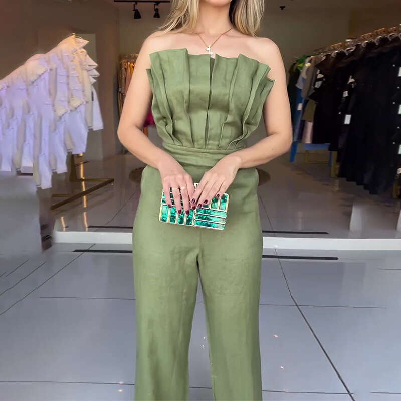 Wide Leg Jumpsuit Women S New Fashionable Pleated Slim Fit And Slimming Temperament Solid Color Jumpsuit