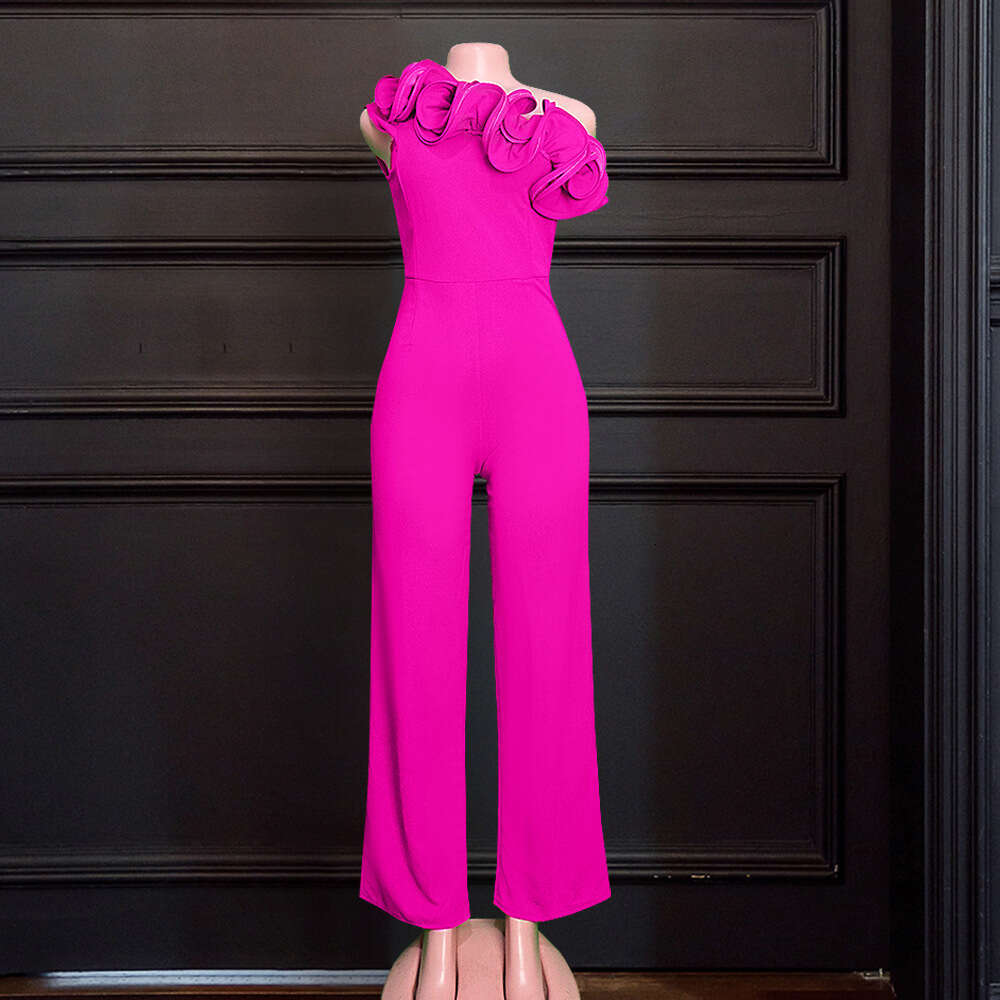 Wide Leg Jumpsuit Sexy One Shoulder Sleeveless Wooden Ear Edge High Waist Wide Leg Pants S XXL Large Women S Jumpsuits