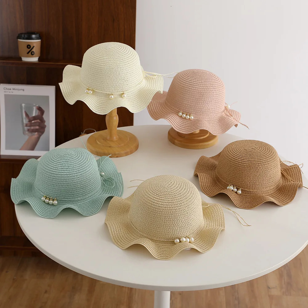 Summer Freshness Pearl Straw Hat Set For Princess Girls Outdoor Traval Holiday Beach Sunscreen Sun Hats And Bag Panama 250517