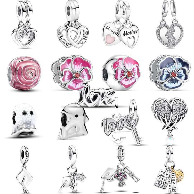 New 925 Silver Pink Rose Flower Splittable Heart Glow-in-the-dark Ghost Graduation Hat Beads Fit Pantaro Charm Bracelet DIYXJ250517