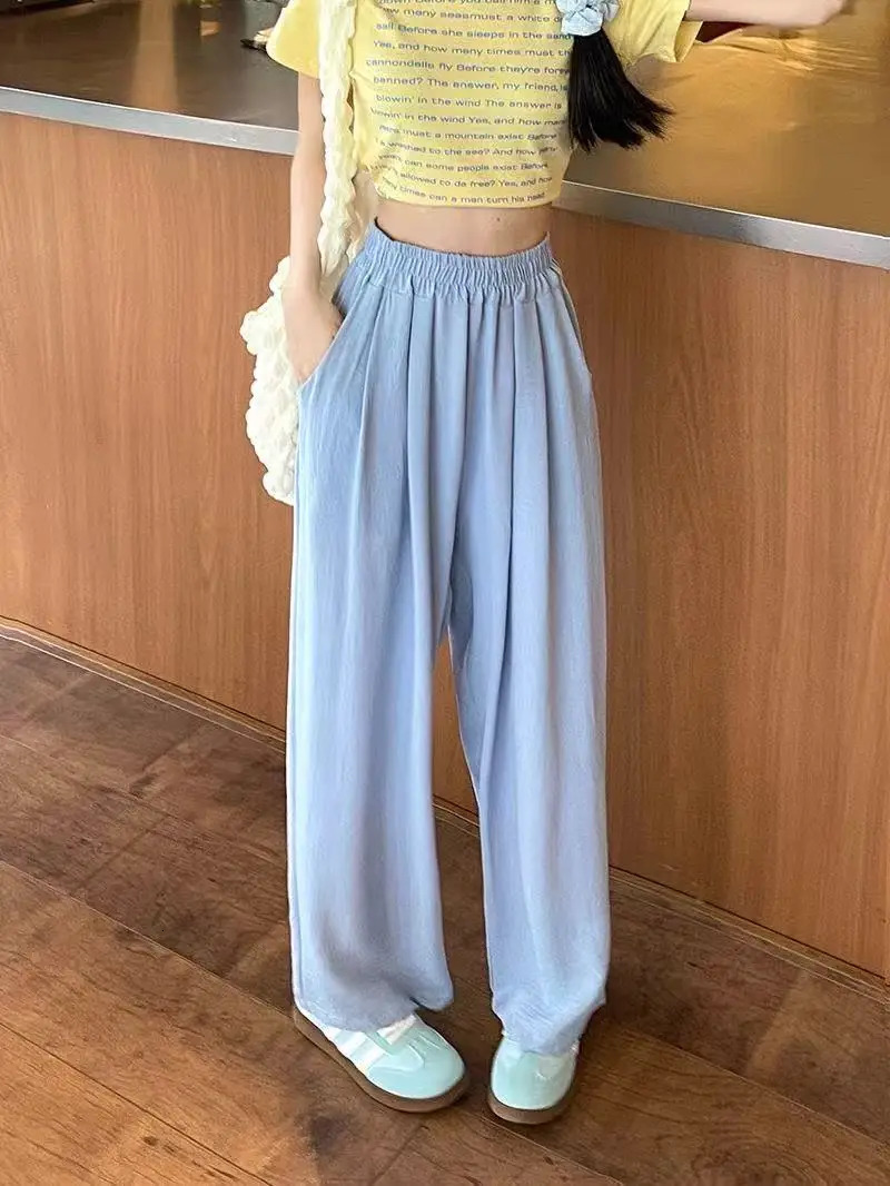 2025 Women Fashion Summer Wide Leg Pants Pleated Ice Silk Trousers Elastic Waist Loose Casual Pants 250517