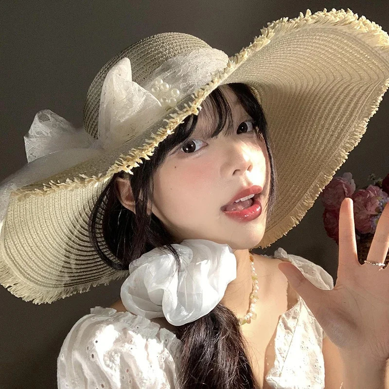 2025Beach Travel Straw Panama Hat Summer Hat Big Wide Brim Foldable BeachSun Hat Straw Floppy Sun Block UV Protection HatL Adies 250516