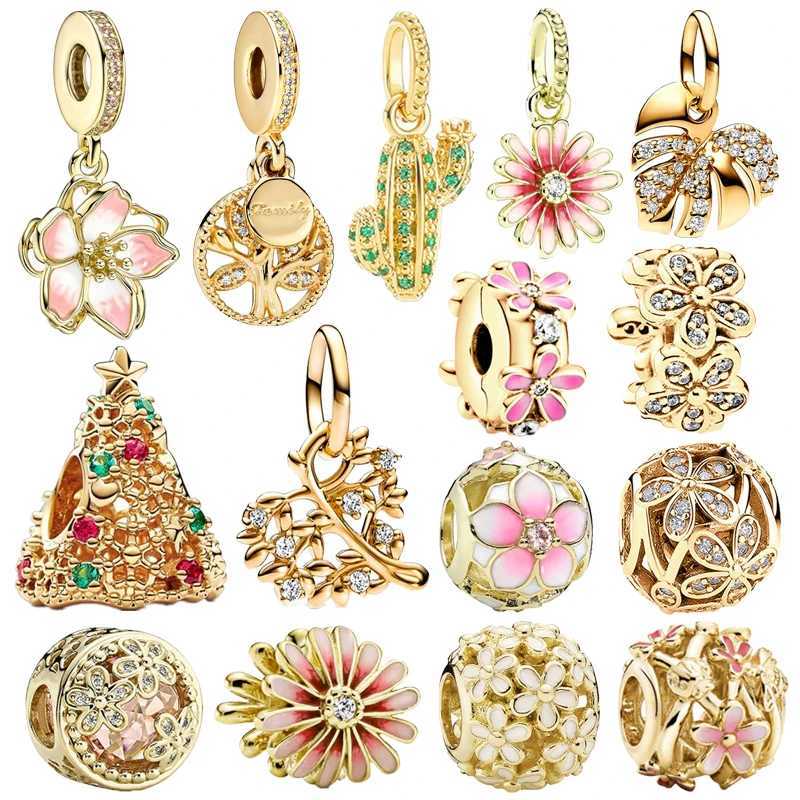 Gold Cactus Daisy Cherry Flower Christmas tree Dangle Charm Bead Fit Original 925 Sterling Silver Bracelet DIY Jewelry GiftXJ250517