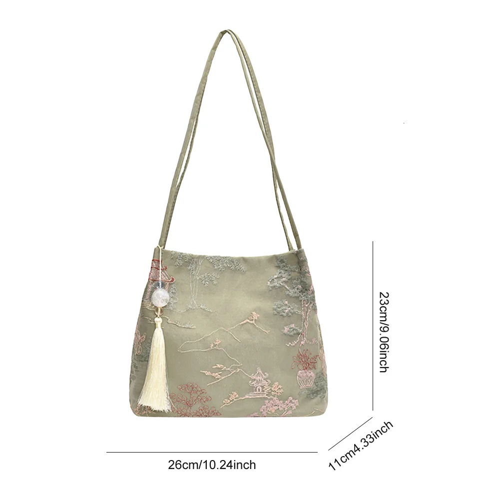Women Ancient Style Shoulder Bag Large Capacity Simple Carrying Bag with Tassel Pendant Chinese Style Tote Bag Shopping Bag 250516