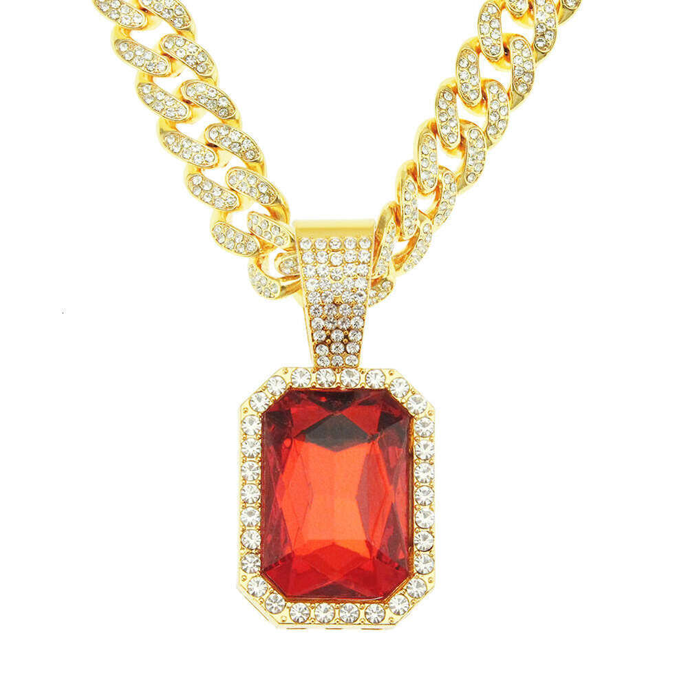 Unisex Hip hop Alloy Necklace with Ruby-Inspired Crystal Pendant Bold Cuban Link Chain for Men Women Edgy Street wear Jewelry