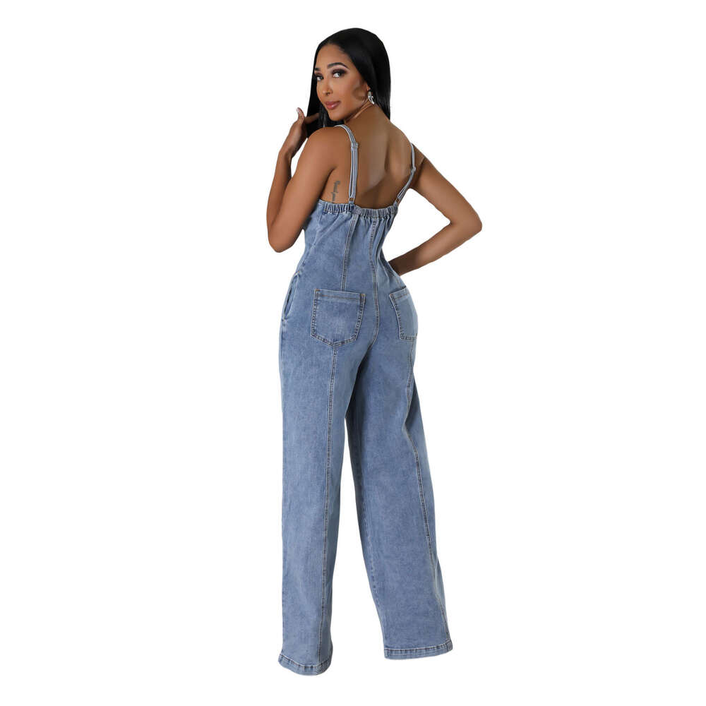 6988 platform women's fashion casual sexy suspender denim jumpsuit wide leg pants