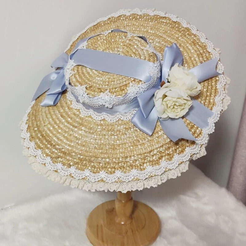 Japanese Lolita Sweet Handmade Straw Sun Hat Lace Patchwork Ribbon Bandage Bowknot Wide Brim Elegant Tea Party Beach Flat D0LF 250516