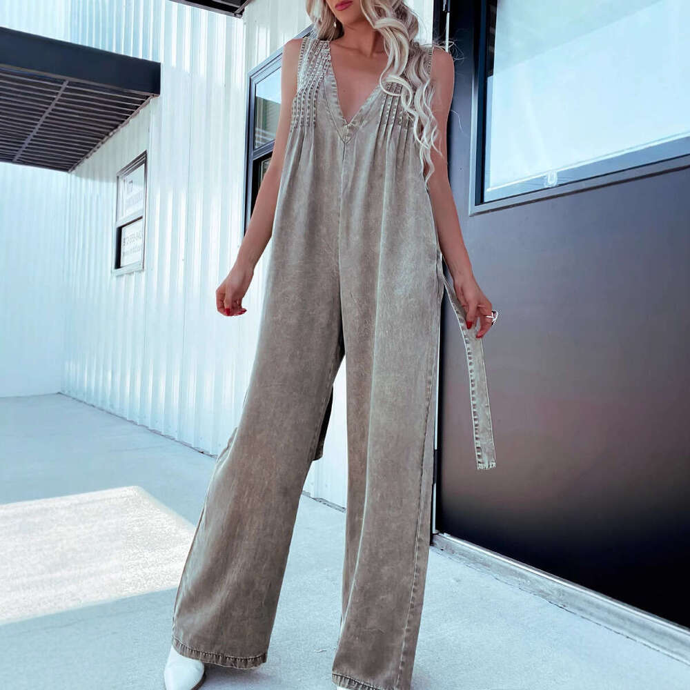 Wide Leg Jumpsuit Fashion Women S V Neck Sexy Backless Washed Sleeveless Denim Jumpsuit