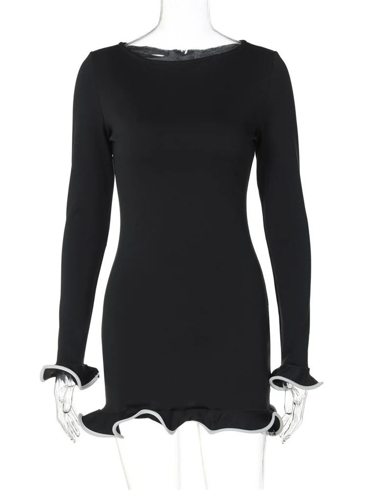 Ruffled Autumn Fashion Mini Dress Womens Slim Long Sleeve Patchwork Elegant Party Dress Casual Female Mini Dress 250517