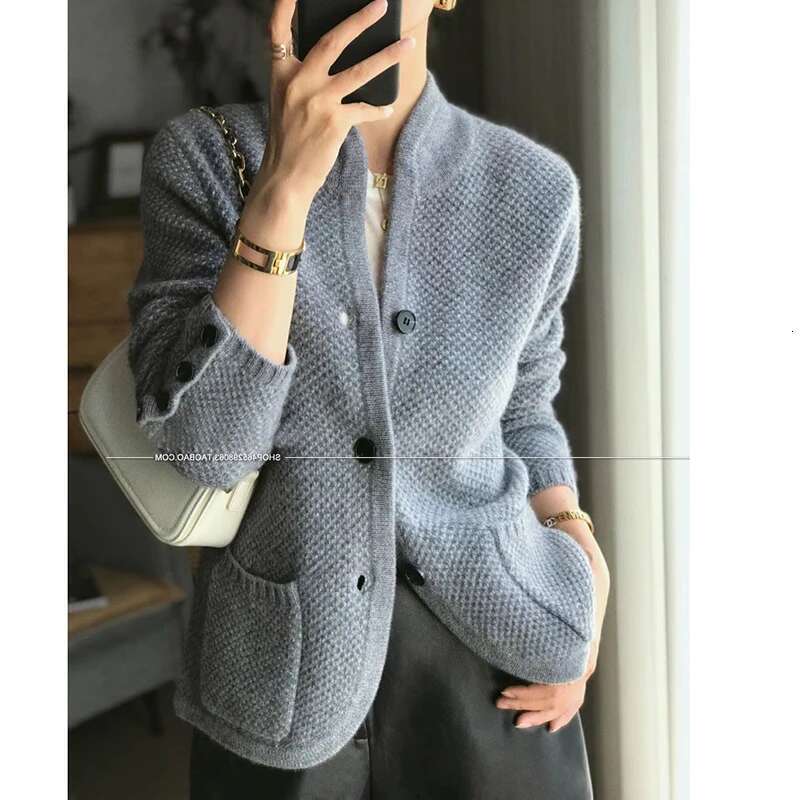Autumn winter new thickened 100% pure cashmere cardigan women stand neck loose knit base sweater jacket