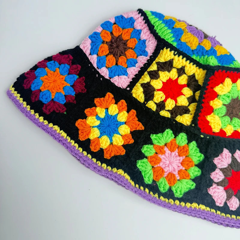 Handmade Crochet Bucket Hat Women Autumn Winter Flower Knit Beanies INS Korean Casual Beanies Panama Cap Fisherman Hat 250516