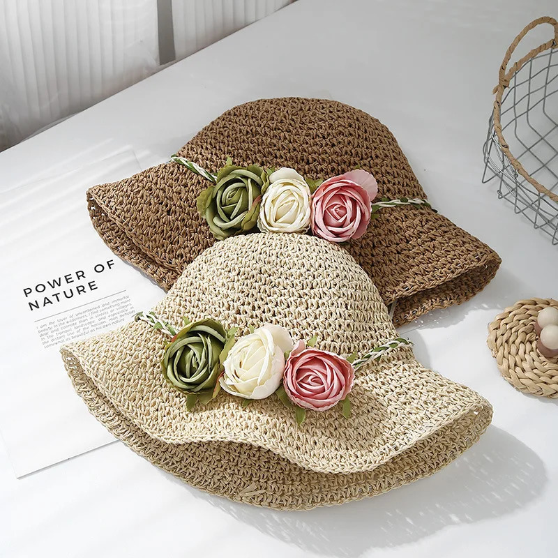 Womens Summer Hat Flower Straw Sun Lady Breathable Sunshade Foldable Seaside Holiday Beach Accessories Korean Style 250517