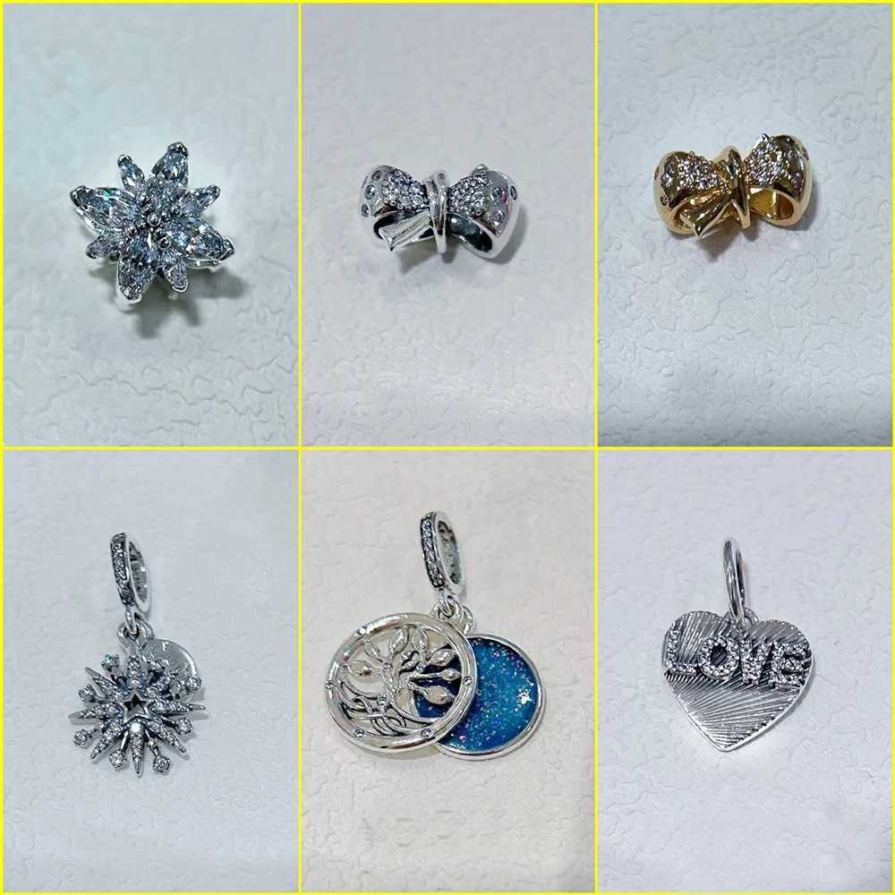 925 Sterling Silver Christmas Snowflakes Golden Stars Bow Lucky D Charm Fit DIY Bracelet Jewelry AccoriesXJ250517