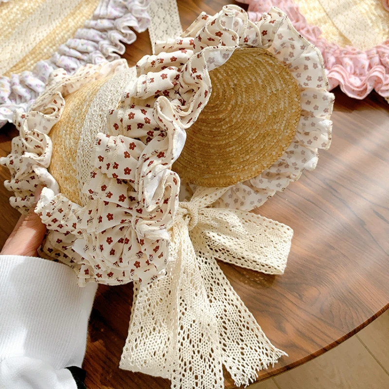 French Retro Lace Floral Woven Straw Caps for Women Summer Seaside Beach Vacation Idyllic Sweet and Cute Strap Sun Hats 250516