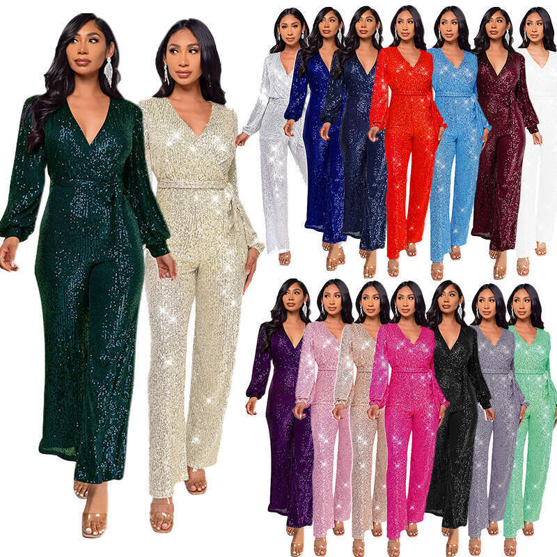 Wide Leg Jumpsuit OEM Women S Long Sleeved Sequined With Fashionable Waistband And Wide Leg Jumpsuit For Women