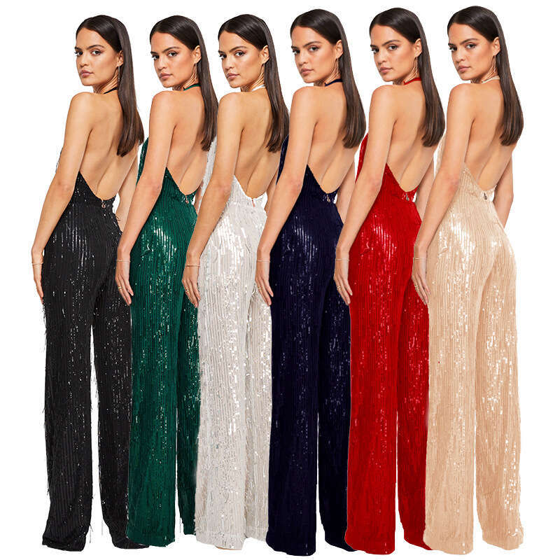 Wide Leg Jumpsuit INS Style Deep V Backless Spicy Girl Sleeveless Tassel Hanging Neck Sequin Jumpsuit Women S Clothing