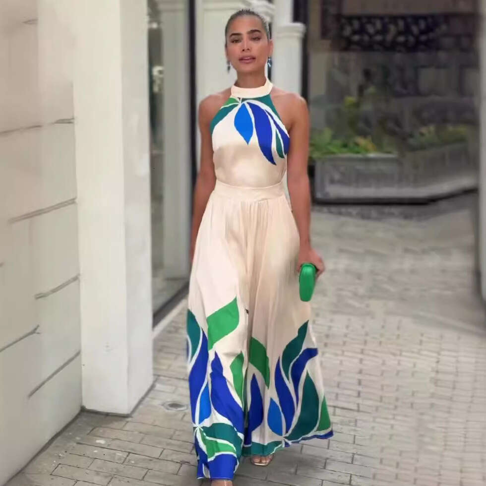 Wide Leg Jumpsuit Summer New Printed Sexy Exposed Sleeveless Flared Shorts Jumpsuit Fashionable Women S Clothing