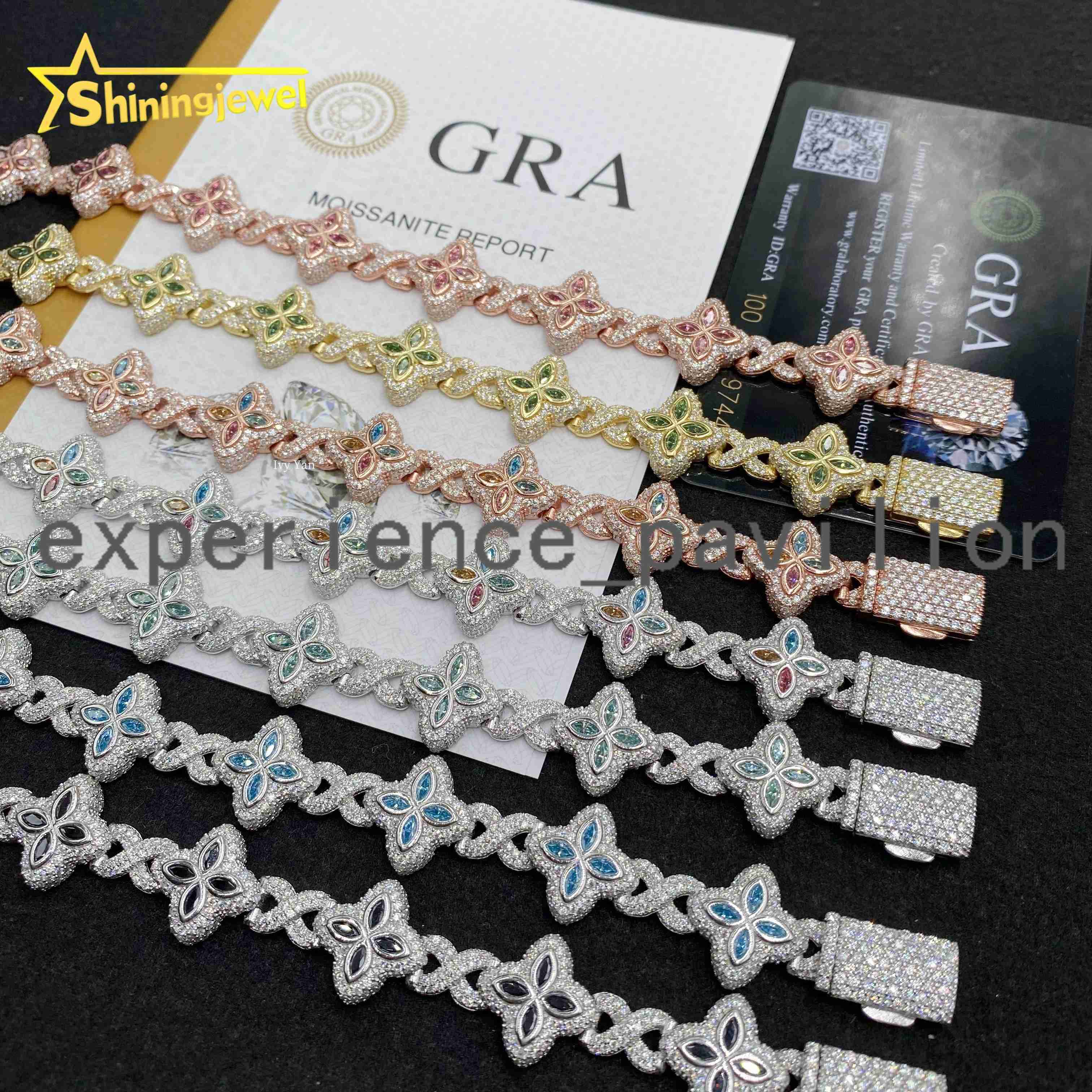 Luxury Colorful Marquise Flower Design 15mm Custom Iced Out Hip Hop Jewelry Cuban Link Chain 925 Silver VVS Moissanite Bracelet
