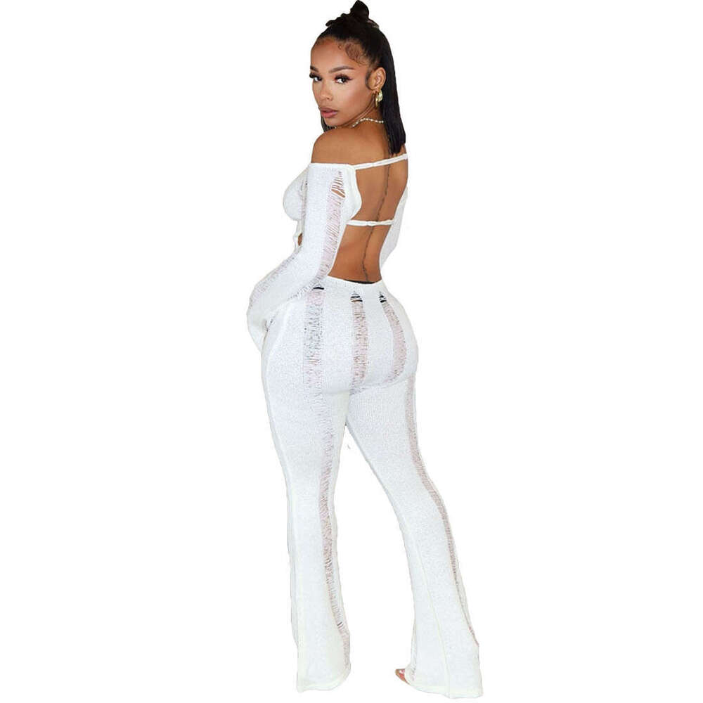Wide Leg Jumpsuit S Women S Fashion Casual Hollow Hole Open Back Knitted Wrap Hip Slim Fit Jumpsuit