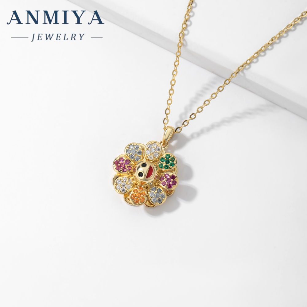 Takashi Murakami Diamond-encrusted Sun flower Pendant 925 Silver necklace Trendy hip hop glitter pink rotatable collars