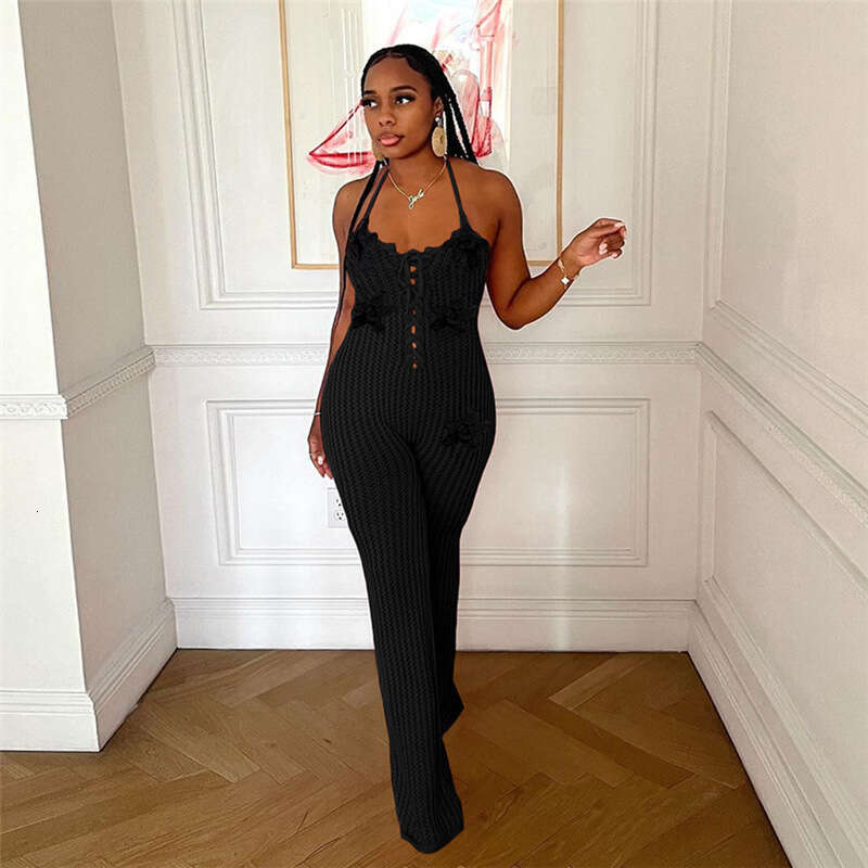 Wide Leg Jumpsuit Spring New Women S Sexy Hollow Perspective High Waist Bareback Hanging Neck Knitted Jumpsuit