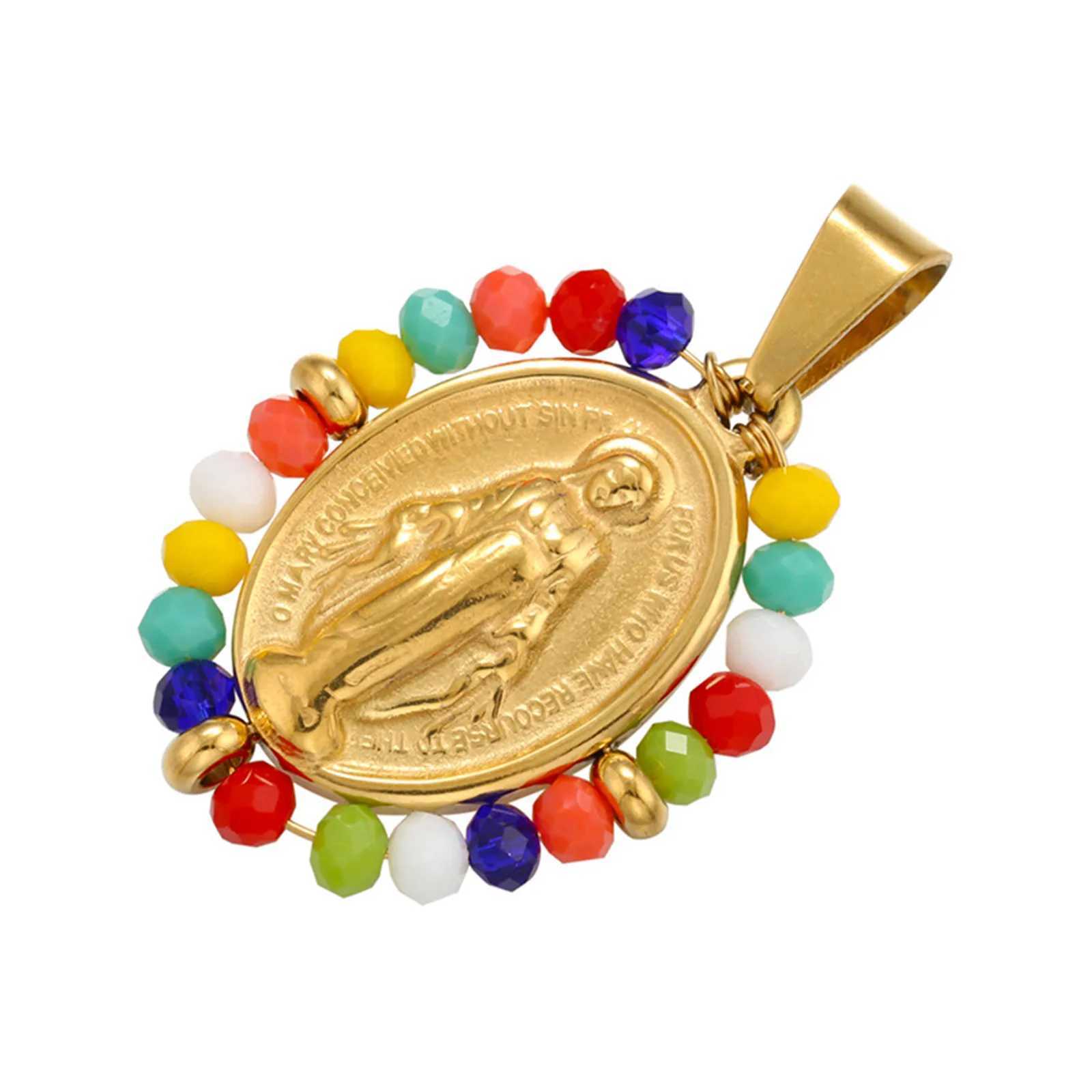 Stainless Steel Oval Religious Virgin Mary Pendants Colorful Glass Beads Charms For Necklace Jewelry Making Supplies 38x24mmXJ250517