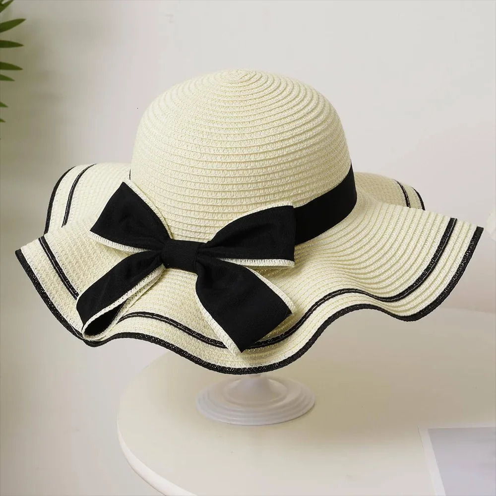 Summer Bow Lace Edge Straw Hat for Womens Outdoor Vacation Fashion and Sunscreen Beach Hat Foldable 250516