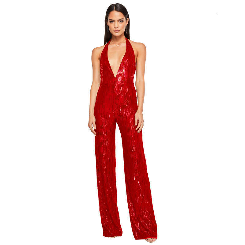 Wide Leg Jumpsuit INS Style Deep V Backless Spicy Girl Sleeveless Tassel Hanging Neck Sequin Jumpsuit Women S Clothing