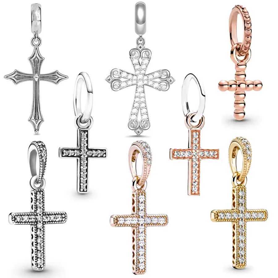 Exquisite Sparkling Golden Rose Gold Cross Pendant Charm Bead Fit Original Silver 925 Bracelet Necklace DIY Jewelry GiftXJ250517