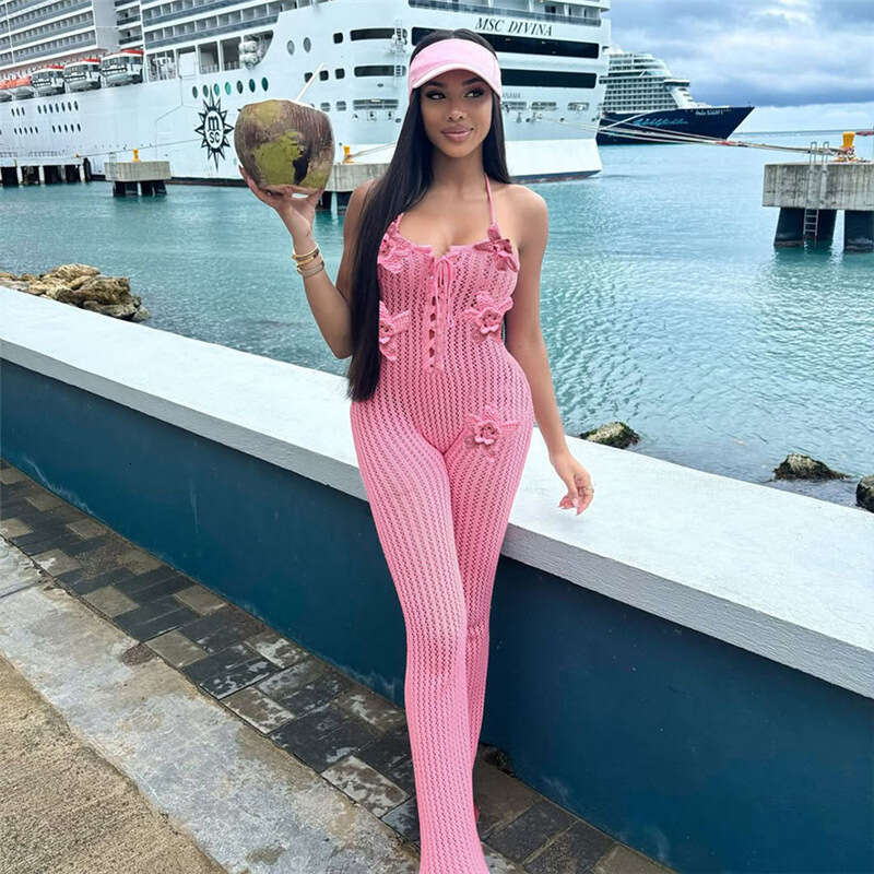 Wide Leg Jumpsuit Wind Spring New Creative Street Trendy Knitted Hollow Sexy Bareback Jumpsuit For Women