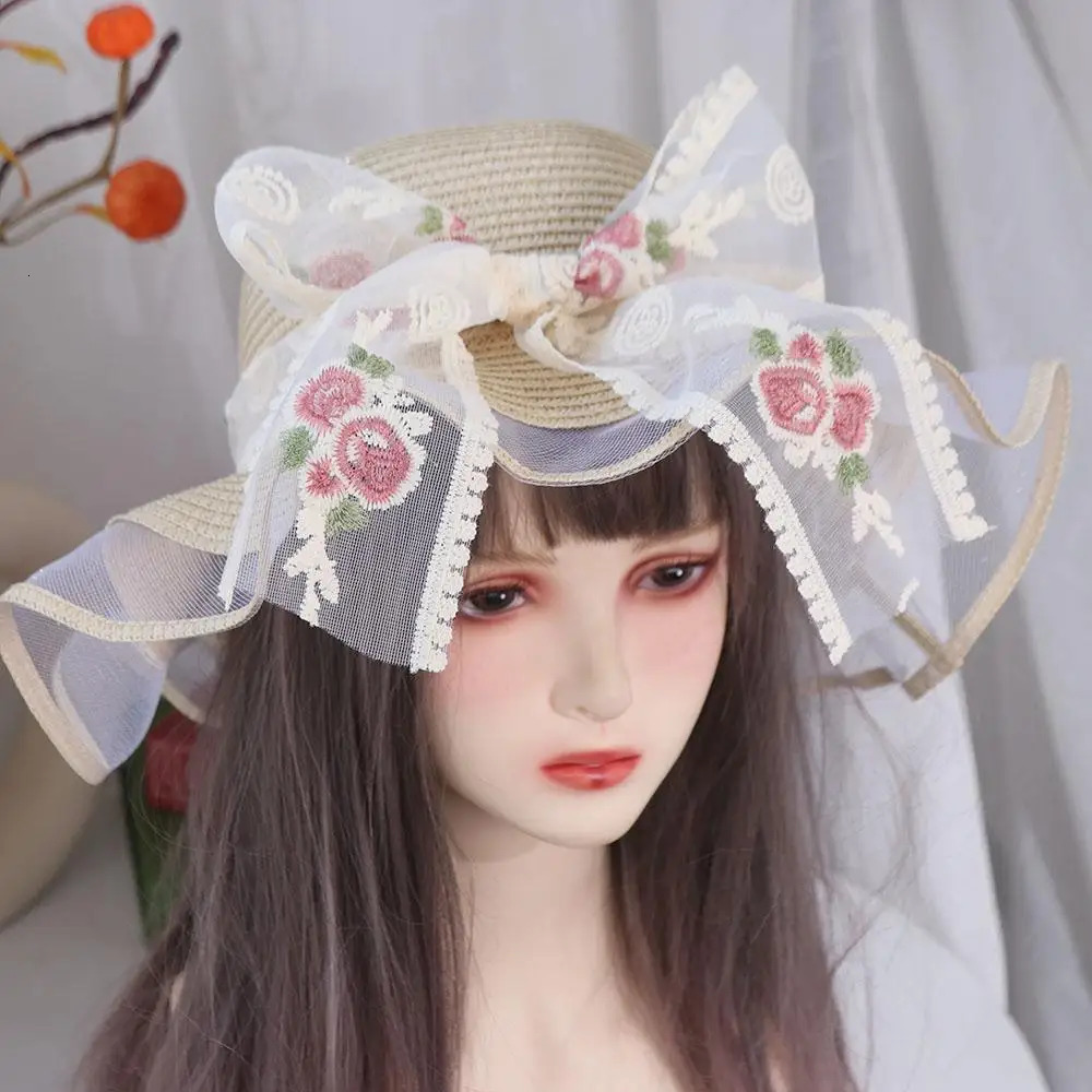 Elegant Spring Summer Beach Straw Hat Big Brim Foldable Lace Bow Straw Hat Travel French Style Womens Sun Hat Girls 250516