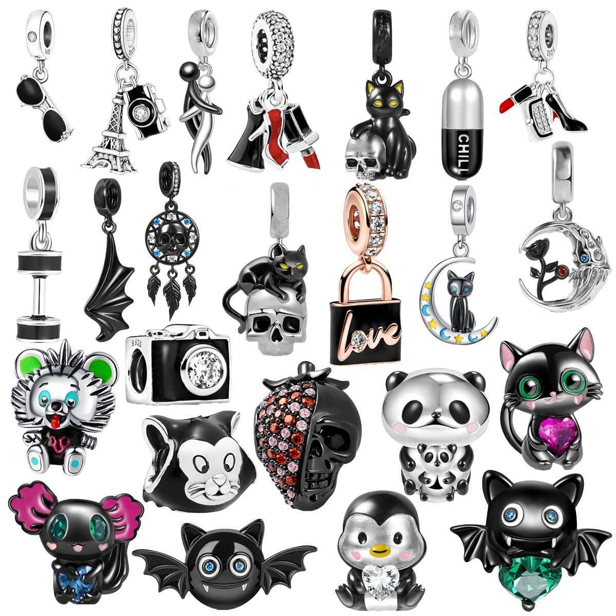 Hot Fine Black Salamander Rose Panda Cat Pendant Charms Beads Fit Original 925 Sterling Silver Bracelet DIY Jewelry GiftXJ250517