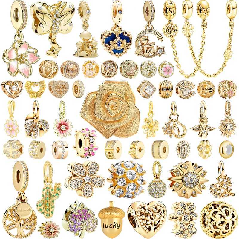 Gold Family Tree Daisy Safety Chain Lucky Hazelnut Cherry Blossom Clip Charm Beads Fit Original 925 Silver Bracelet DIY JewelryXJ250517