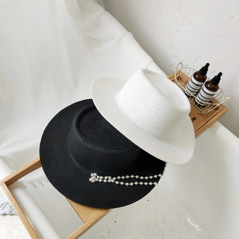 Summer Hepburn Style Pearl Chain Vintage Concave Top n Straw Hat For Women Girls Beach Holiday Sun Caps Fashion Fedora 250517