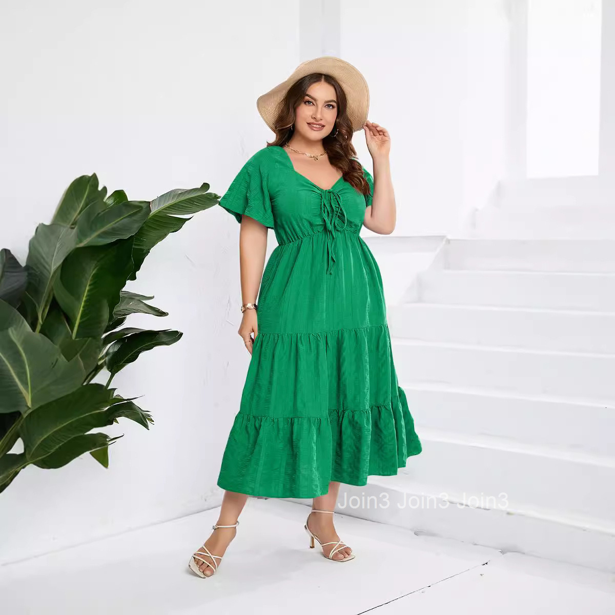 V-neck High Waist Dress Long Short Sleeve Large Size Dress