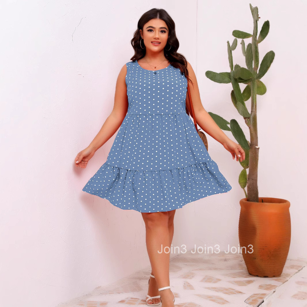 Round Neck Sleeveless Wave Point Loose Large Hem Ruffle Dress