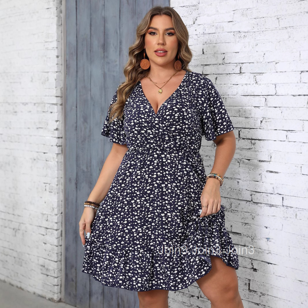 Large Size Womens Sun Dress Summer Floral Short Sleeved Wrapped V-neck A-line Dress