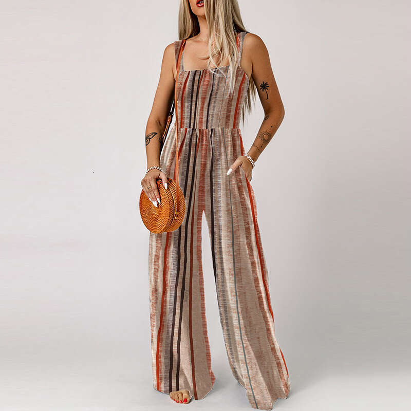 Wide Leg Jumpsuit Summer New Striped Color Blocked Sleeveless Casual Loose High Waisted Wide Leg Jumpsuit For Women