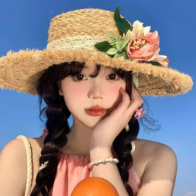 Flower rose decoration raffia straw hat for women summer large brim sun hat seaside atmosphere elegant wedding hat 250516