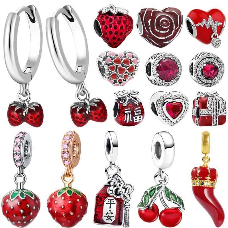 Red Series Sterry Earrings Cherry Sparkling Heart Charm Bead Fit Original 925Silver Bracelet Necklace DIY Women Jewelry GiftXJ250517